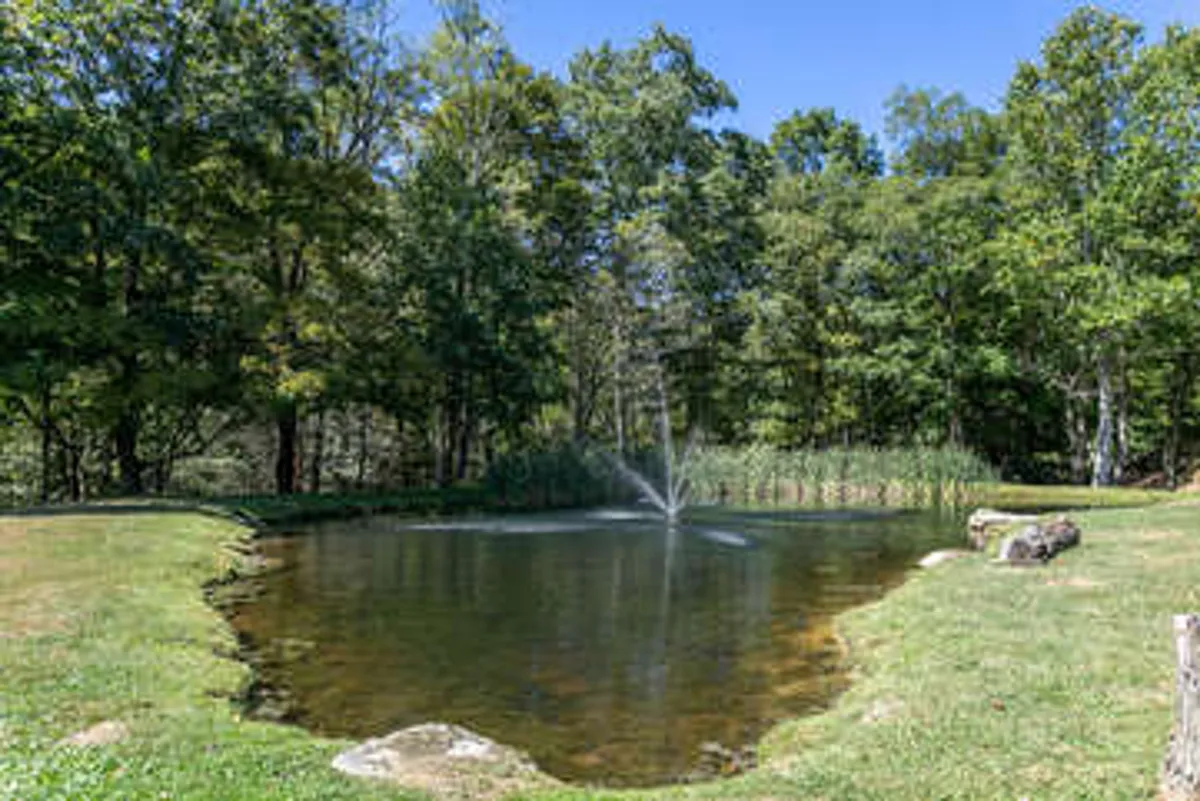 A serene pond accented by a small fountain, surrounded by trees and grassy open spaces. This tranquil setting invites guests to try their hand at fishing or simply relax by the water and observe wildlife.