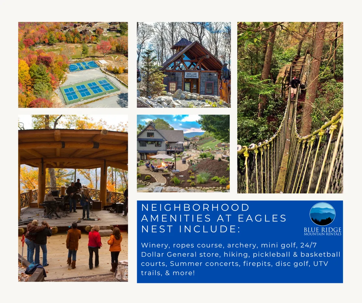 A lively outdoor recreation area featuring a ropes course, mini golf area, archery range, and an outdoor concert stage, all set against scenic mountain views. People are seen engaging in various activities, showcasing the range of family-friendly amenities available within the community.